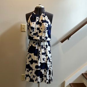 Vera Wang Keyhole Halter Neck Belted Abstract Print Dress